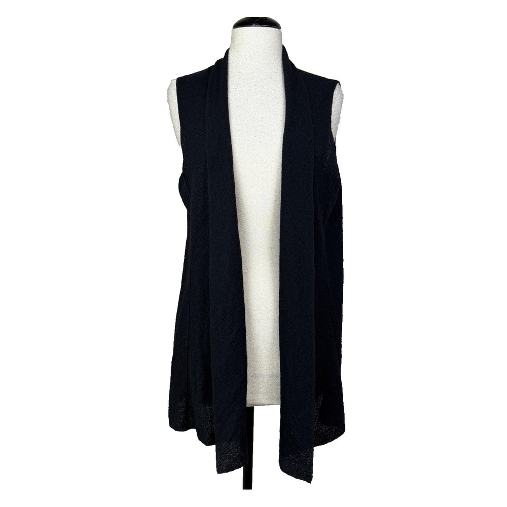 Eileen Fisher Sweater Vest Womens XL Black 100% Wool Open Front Knit Minimalist